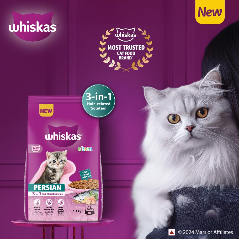 Whiskas Persian Kitten (2-12 Months) Dry Cat Food | 6.8kg | 100% Complete & Balanced Tailor-Made Nutrition | Reduces Hairfall, for Healthy Coat & Skin