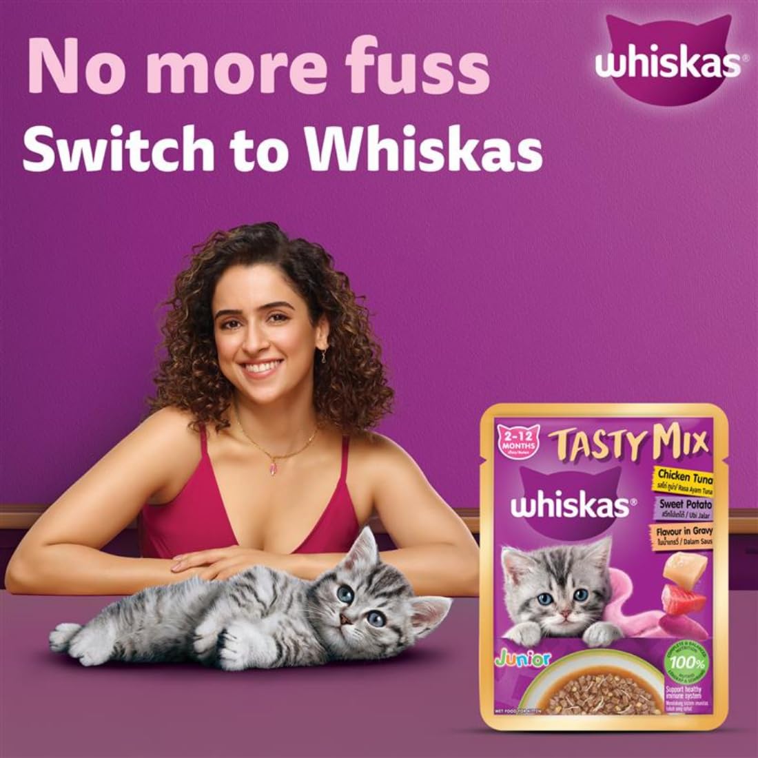 Whiskas Tasty Mix Kitten (2-12 Months) Wet Cat Food | Chicken, Tuna with Sweet Potato in Gravy | 70 g | 100% Complete & Balanced Nutrition for Kittens