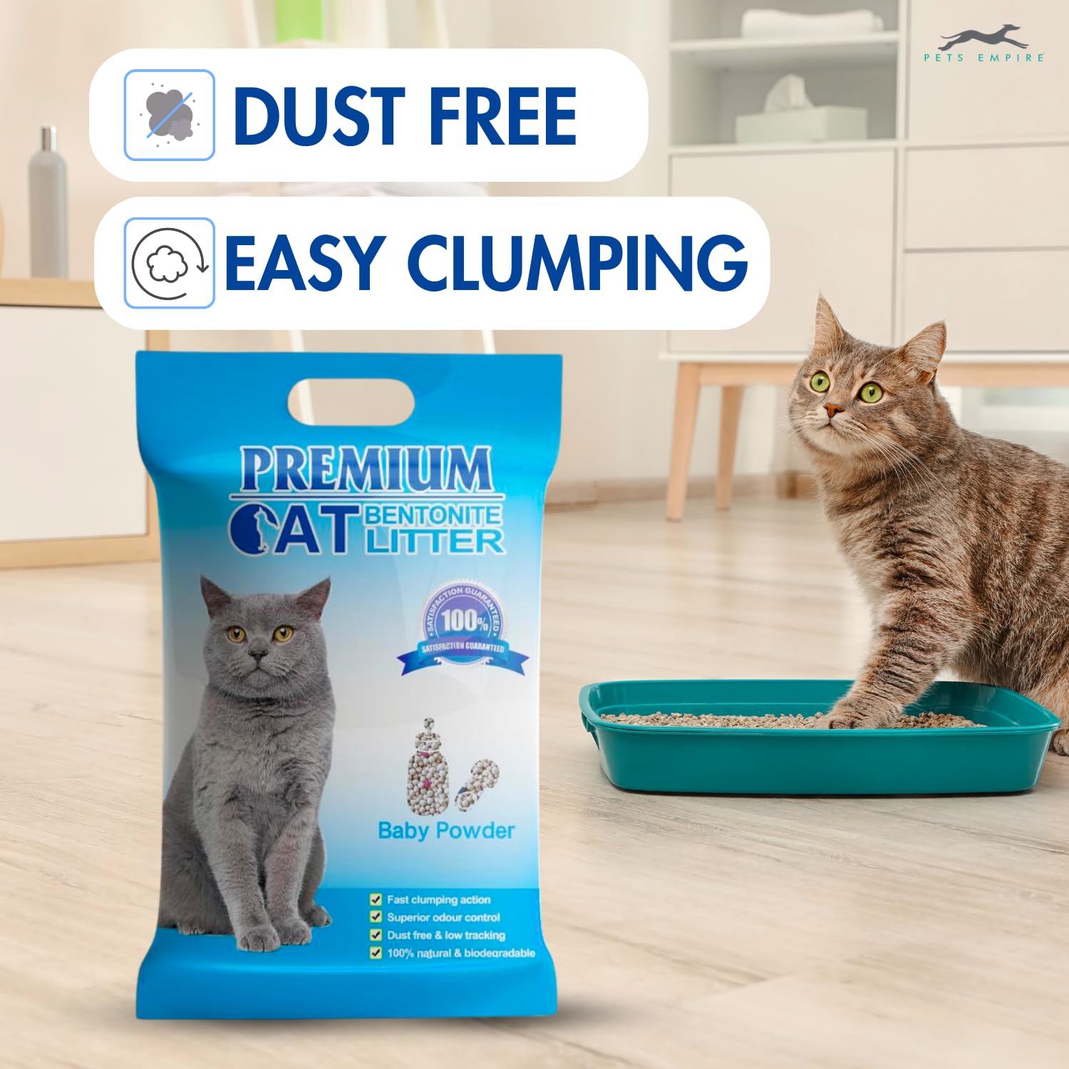 Pets Empire Premium Bentonite Baby Powder Cat Litter with Fragrance | Cat Litter for All Kittens & Cats | 99% Dust Free | Quick Clumping | 10 L