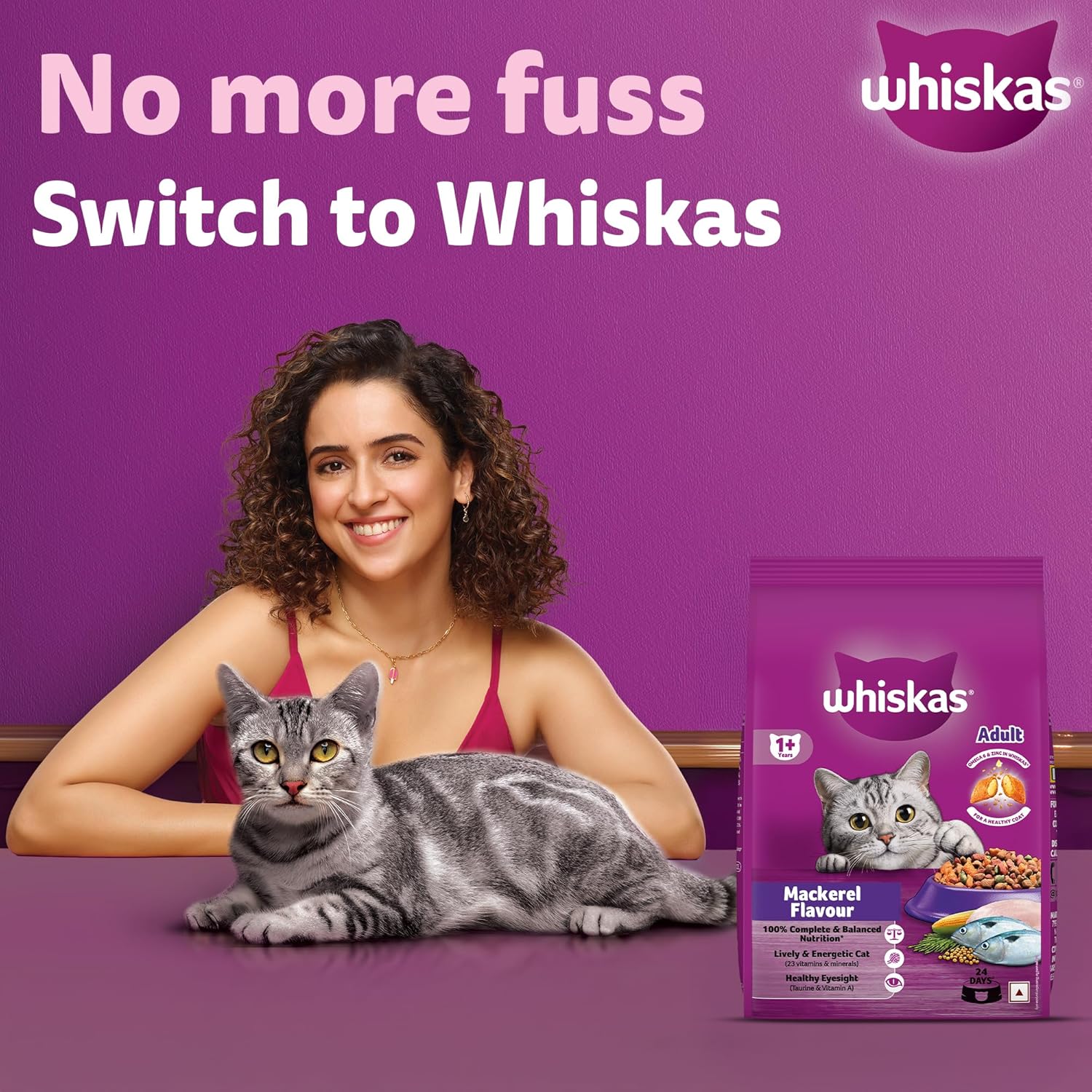 Whiskas Adult (1+ Years) Dry Cat Food | Mackerel Flavor | 3 kg | Contains 41 Essential Nutrients | Complete & Balanced Nutrition for Adult Cats
