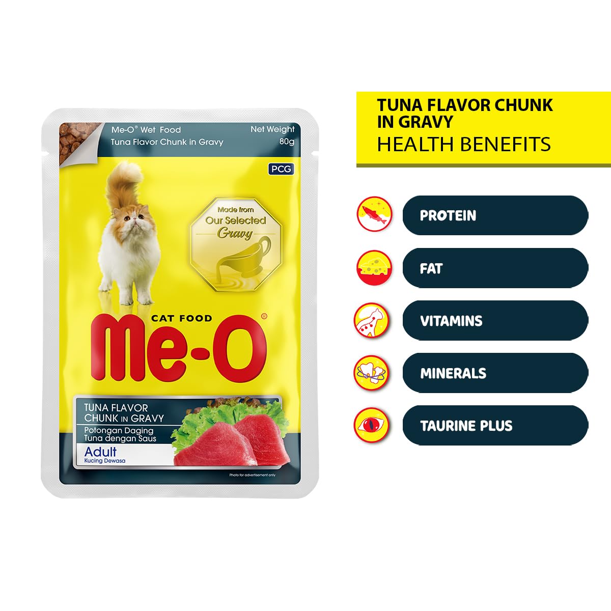 Me-O Pouch CAT | Tuna Flavour Chunk in Gravy | Wet Food | 80 G | Pack of 1 | Adult | meo