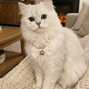 Cat Pearl Collar | Pet Collar | White Bow Design With Bell & Smiley Charm