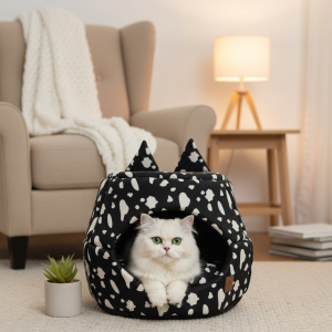 Smarty Pet Cat House for Kittens, Puppies, Cats and Baby Pets House Comfort Zone with Ball Toys & Removable Cushion | Black Printed Design