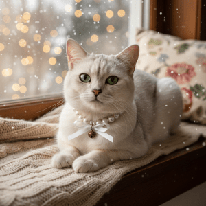 Cat Pearl Collar | White Bow Design With Bell | Pet Collar