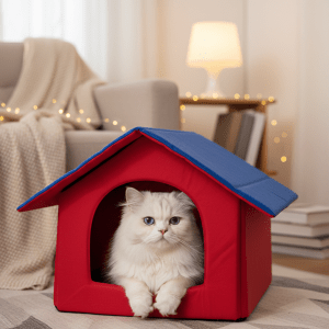 Cat Hut House | Small Size | Blue & Red Colour