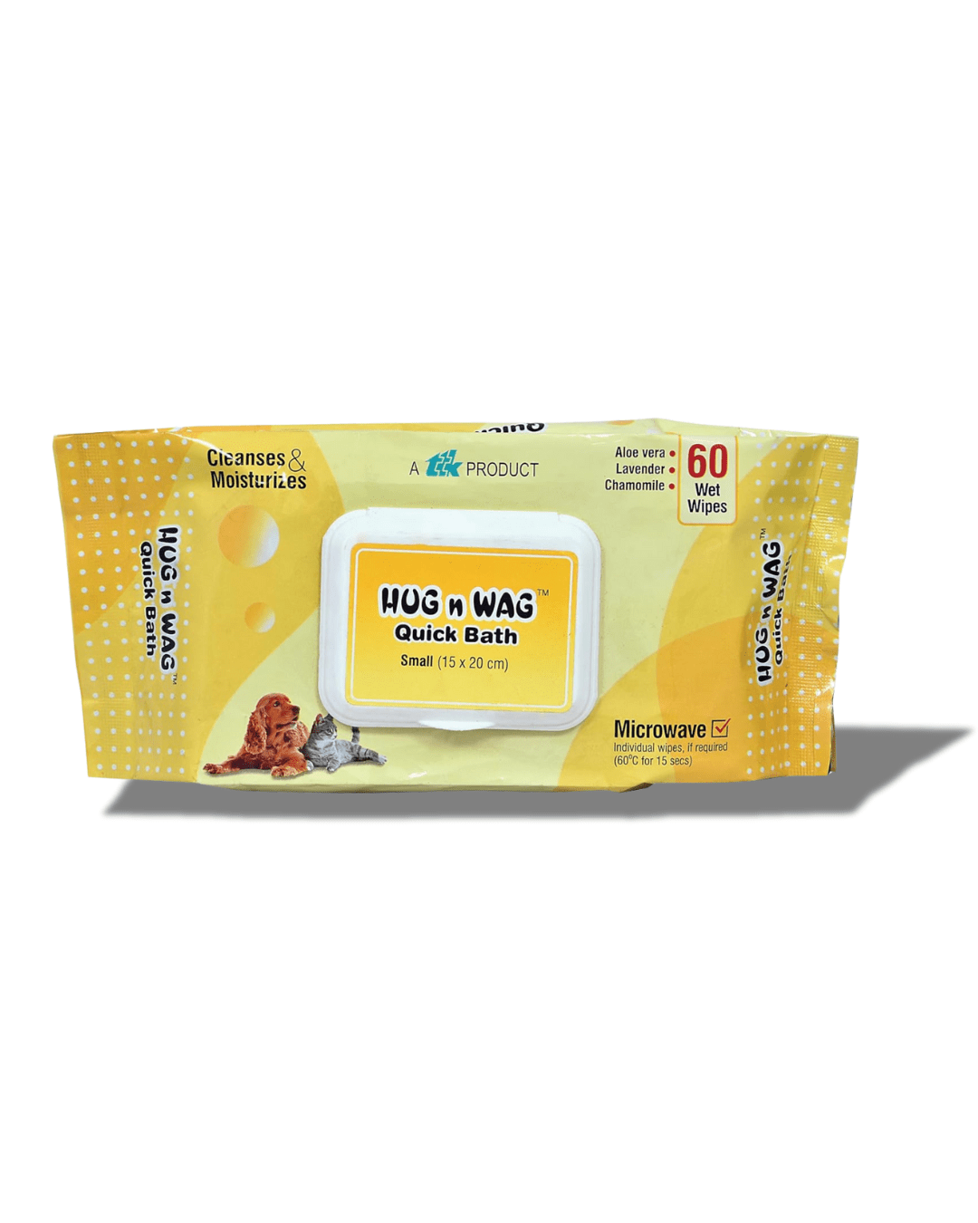 Hug n Wag | Quick Bath Pet Grooming Wipes for Dogs & Cats | Cleanses & Moisturizes | Anti-Bacterial Wipes with Aloe Vera, Lavender & Chamomile | Microwave Compatible | Pack of 1 | 60 wipes